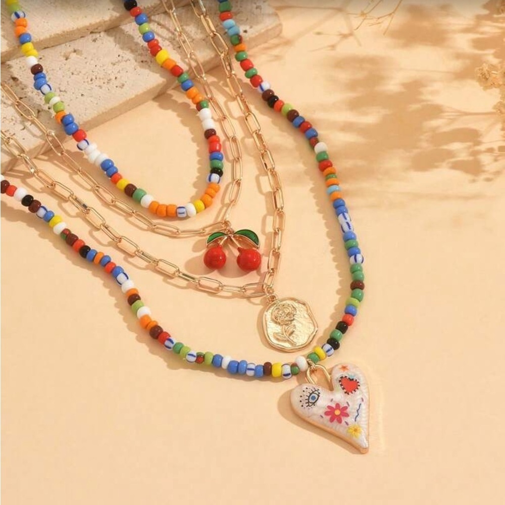 ✨NEW Colorful Cherry Beaded Necklace Set with Gold Accents - Picture 3 of 4